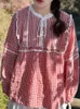 Damenblusen 130 cm Büste / Frühling Herbst Damen Vintage Mori Kei Girls bestickte lockere bequeme Leinenhemden/Blusen