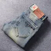 Fi Designer Männer Jeans Retro Gelb Blau Elastic Slim Zerrissene Jeans Männer Hosen Patchwork Vintage Casual Denim Hosen Hombre f2jc #