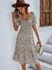 Bohemia impressão vestido feminino 2024 férias de verão midi vestido casual puff manga cintura alta boho split vestidos para roupas femininas 240323