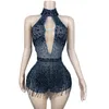 sexy Halter Pole Dance Outfit Black Rhinestes Fringed Bodysuit Women Nightclub Dj Ds Stage Rave Clothes XS7484 h7ao#