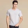 Kvalitet 100% Mulberry Silk Sticked Mens Kort ärm Runda hals Tshirts Tee Top Plus Size HY006 240315