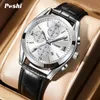 Poshi Fashion Mens Watches Quartz Movement Watch Luxury Leather Strap With Calender Waterproof Sport Wristwatch för Man 240318