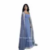 oloey Dusty Blue Dubai Arabic Women Evening Dres Crystal Beads Jacket Lg Cape Sleeves Elegant Prom Formal Ocn Gowns l7C9#