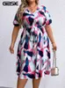 Gibsie Plus Size Geo Print V-Ausschnitt Kurzarm Belted Dr Damen 2023 Neue Sommer Hohe Taille Knielange Casual A-Line Dres f6Qa #