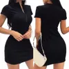 Sommerfrauen sexy vestidos Feste Farbe Mock Neck Kurzschlärm gerippte Zip Bodyc Mini Short Dr. Frauen Kleidung Party Dres K8D9#