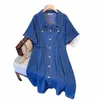 150 kg Plus Taille Femmes Nouvel Été Lâche À Manches Courtes Col Polo Patte De Travail Denim Chemise Dr Bleu 5XL 6XL 7XL 8XL 9XL w9EM #