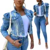 Y2K Women's Ripped Denim Jacket Casual LG Puff Sleeve Butt Down Cropped Jean Coats for Fall D1pa#