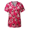 Mulheres Scrub Top Com V-Neck Floral Dog Print Scrub Uniformes Fina Enfermeira Scrub Tops Para Mulheres Blusa De Manga Curta Túnica De Saúde 68SK #
