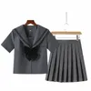 Femmes japonaises JK uniforme gris à manches courtes/lg uniformes scolaires pour filles collège marin jupe plissée JK ensembles uniforme p2t8 #