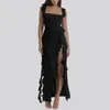 Casual Kleider Elegante High Slit Streamer Damen Kleid Sexy Square Neck Slip Mädchen Stil Lange Rüschen Unregelmäßige Party