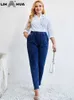 lih HUA Jeans grande taille pour femmes Automne Chic Jeans élégants pour femmes potelées Jeans Cott tricotés 68Na #