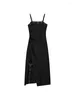 Sukienki swobodne czarne gotyckie spaghetti sukienka mody na ramię kwadratowe kołnierza dzielone okład biodrowy