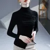 T-shirt da donna T-shirt a maniche lunghe con colletto in piedi Autunno/Inverno Top grande nero in stile cinese vintage con orlo diviso