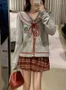 Work Dresses Plaid Korean Fashion Two Piece Set Women Bow French Vintage Mini Skirts Suit Female Sailor Collar Tops Sweet Skirt 2024 Autumn