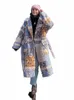 女性用LGスリーブ花柄のプリントコート、ベルト、濃厚な暖かいジャケット、女性のストリートアウトウェア、新しいFI、冬O2CD＃