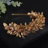 trendy Pearl Rhinestoen Diamds Green Bridal Crown Handamde Leaves Wedding Headband Hair Accories for Women Gold Party Tiara T2Mv#