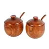 Dinnerware Sets 2Pcs Spice Jar Seasoning Can Sugar Bowl With Lid Spoon Wood Storage Box Pot Salt Jars Kitchen Container C