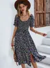 Bohemia impressão vestido feminino 2024 férias de verão midi vestido casual puff manga cintura alta boho split vestidos para roupas femininas 240323