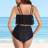 Damen-Bademode, zweiteilig, Retro-Neckholder, gerüscht, hohe Taille, Bikini-Set, sexy Push-Up-Badeanzug, Leopardenblätter-Druck, Overlay-Tankini