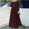 Ethnic Clothing Middle East Dubai Jilbab Muslim Fashion Women Arab Style Elegant Pleated Dress Solid Round Neck Long Sleeve Abaya Drop Otykw