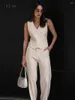Dwuczęściowe spodnie damskie bclout eleganckie solidne lniane zestawy damskie 2 sztuki Summer V-dekolt biuro biturejki