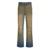 Kvinnors jeans tvättade nödställda retro -gradienthål 2024 Autumn Splashed Ink High midjan Straight Leg Casual Denim Pants Streetwear