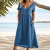 Sukienki imprezowe długie sukienki Summer elegancki v szyja maxi z kieszeniami dla kobiet a-line luźne hem plażowe ciasne rękawy