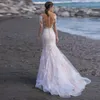 Strand LG-ärmar sjöjungfru Tulle Wedding Dr Elegant V-hals spetsapplikationer illusi tillbaka med rumpa brudklänning anpassad n5dl#