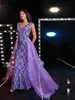 Abiti casual Missord Abito da sera con paillettes viola con strascico Abito da ballo aderente da donna elegante con scollo a V senza maniche con stampa geometrica