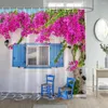 Duş Perdeleri Yunan Sokak Doğal Çiçekler Bitki Mavi Kapı Penceresi Beyaz Mimarlık Modern Bahçe Duvar Asma Banyo Dekoru
