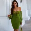 Printemps femmes pansement vert Sexy creux mode une ligne cou bulle manches robe 586428