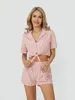 Home Bekleidung Damen-Pyjama-Set mit Knöpfen, Streifen vorne, Krawattenknoten, kurzärmelige Hemden und Shorts, Nachtwäsche-Sets, 2-teilige Loungewear