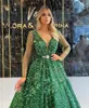Party Dresses Sparkly Crystals Green Prom Long Sleeves Glitter Sequins Evening Dress Dubai Arabic Women Formal Gowns Zipper Back