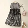 Party Dresses 2024 Summer Arts Style Women Short Sleeve Loose Casual O-Neck Dress Patchwork Plaid Vintage Cotton Linen