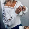 Pulls pour femmes Dames Y Pull Femmes Col V Dentelle Plover Manches Longues Solide Blanc Jumper Chaud Hiver Automne Dernière Drop Livraison App Dhwvq