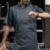 Chef uniforme col montant simple boutonnage poche plaquée cuisine haut à manches courtes résistant à l'usure respirant cuisinier chemise vêtements de travail H3LO #