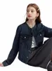 Veste courte en denim rétro pour femmes 2024 Printemps Automne Col rond Femme Jeans Bleu Foncé Manteaux Poche Butt Decorati Vestes g5vD #