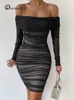 DRMECB OFF SHUPHER MESH PARTY DR FEMMES Vêtements Sexy Club Backl Rucched Bodyc Dres lg Sleeves Autumn Vestidos J3by #