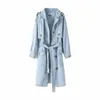 Bleu Lg Denim Trench-Coat avec ceinture Style simple boutonnage pour femmes Veste en jean à col rabattu Printemps Automne Hiver Nouveau T6vp #