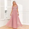 2024 Ladies Elegant Short Sleeved Dr With Lace Embroidery V-Neck A-Line Sequin Evening Dr Bridesmaid Party Graduati Dres E0WE#