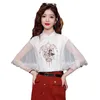 Blusas femininas estilo chinês 2024 primavera blusa bordada malha branca mangas largas moda topos roupas femininas