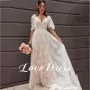 Boho V-Neck Wedding Dr Szyff Linia Linia krótkie rękawie długość podłogi Pleted Bridal Dring Suknia Vintage Dres U0O8#