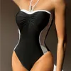 2024 new black and white color block neck hanging jumpsuit for womens triangle beach bikini