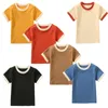 Летняя футболка с короткими рукавами из 100% хлопка для маленьких детей, мягкие удобные топы одинакового цвета для мальчиков и девочек, футболки, детские футболки, повседневные 240318