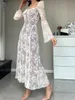 Floral Lace White Dr For Women Sexig LG Sleeve Square Neck FR-bindning LG LACE MIDI DRES FÖR VÄRKT T9S1#