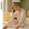 Presale Spring Satin Pajamas Long Sleeve Viscose Sleepwear Willow Leaf Print Lounge Wear Two Piece Pijama Set Mujer 240326