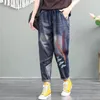 Damesjeans Ruimvallend Grote maten Dames Elastisch Etnische stijl Hoge taille Harenbroek Vrouwelijk Geborduurd Patchwork Appliqué Negenkwart