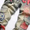 Hombres Graffiti Print Stretch Denim Jeans Flame Skull Devil Pintado Slim Tapered Pants Streetwear Vintage Pockets Cargo Pantalones l9a6 #