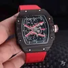 Herrenuhr für Herren, automatisch, luxuriös, mechanisch, rot, schwarz, Segeltuch, Gummiarmband, Tourbillion, begrenzt, Saphirglas, Kohlefaser