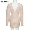 CM. Yaya Vintage Faux Skórzanie Kobiety LG Sleeve Wrap V-dnik Bodyc Midi Dr Pu Evening Party Club Prom Dres Vestidos F4YT#